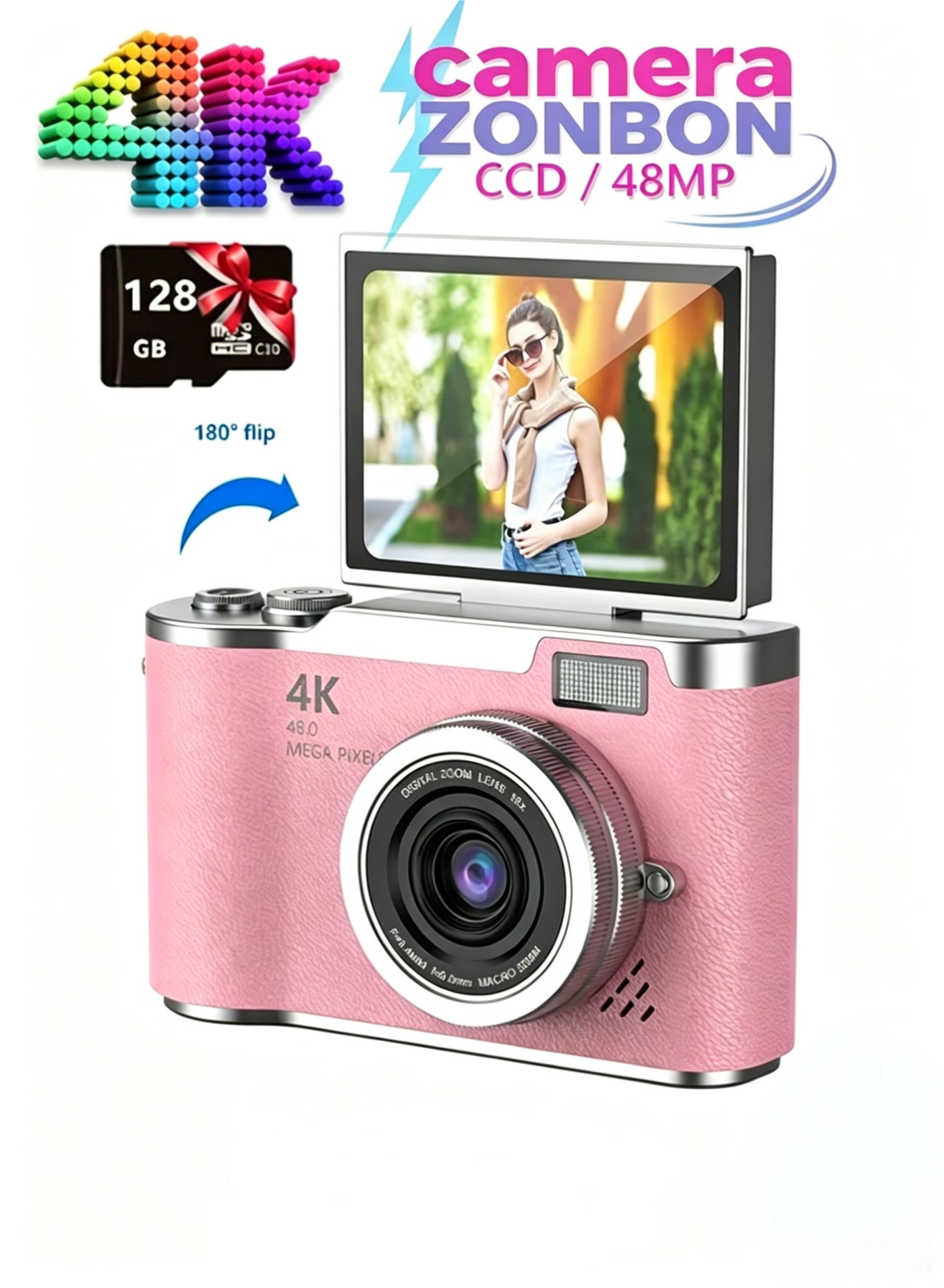 4k CCD Digital Zoom Student Digital Camera 48MP Portable Digital Photography Camera 180° Flip Screen Selfie Camera,free 128GB SD card