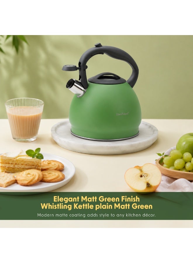 HausRoland Haus Roland Whistling Kettle Stainless Steel Tea Kettle 3 Liter Ergonomic Handle Whistling Teapot with Nylon Knob Lid Suitable for Induction and Gas Full Matte Green - Image 2
