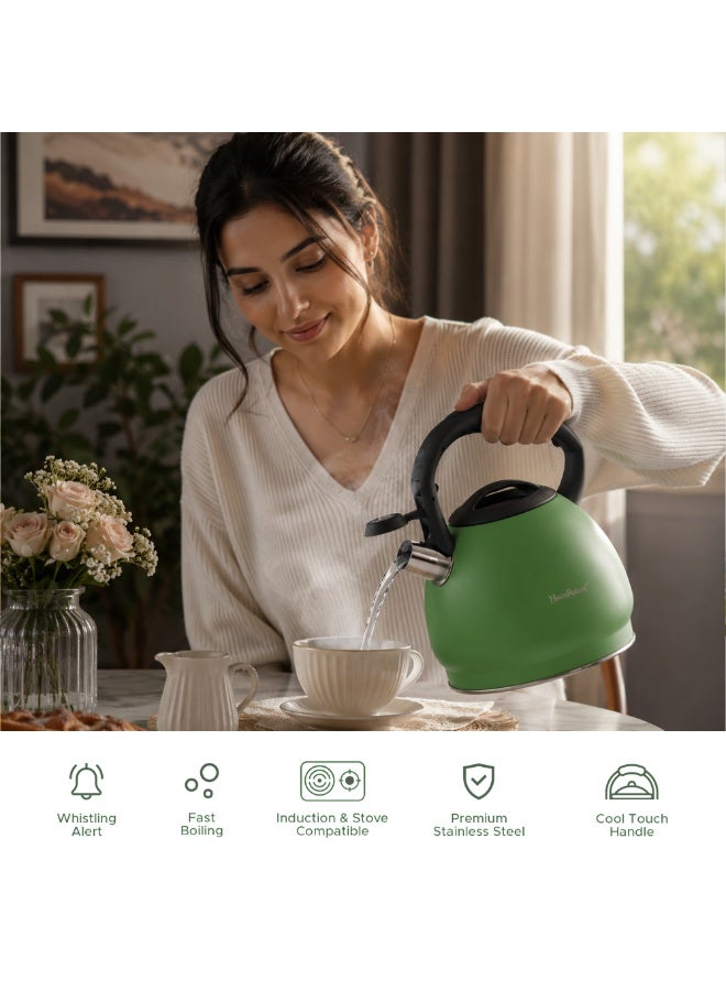 HausRoland Haus Roland Whistling Kettle Stainless Steel Tea Kettle 3 Liter Ergonomic Handle Whistling Teapot with Nylon Knob Lid Suitable for Induction and Gas Full Matte Green - Image 4