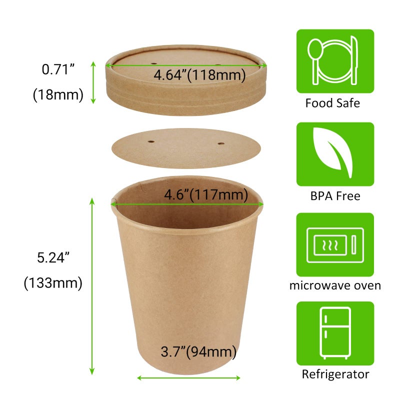 Belinlen 30 Sets 32 oz Paper Ice Cream Cups with Lids, Paper Food Containers With Vented Lids, To Go Hot Soup Bowls For Restaurants, Take Outs, or To-Go Lunch, Kraft - Image 2