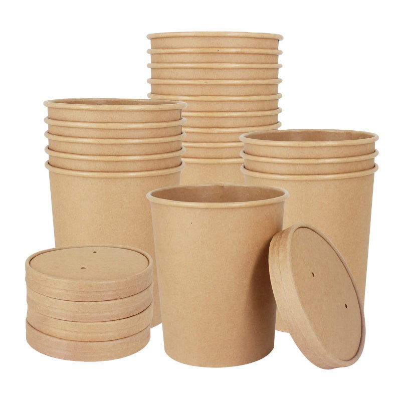 Belinlen 30 Sets 32 oz Paper Ice Cream Cups with Lids, Paper Food Containers With Vented Lids, To Go Hot Soup Bowls For Restaurants, Take Outs, or To-Go Lunch, Kraft - Image 1