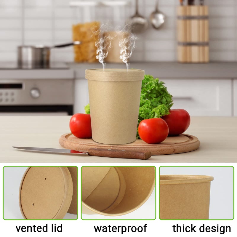 Belinlen 30 Sets 32 oz Paper Ice Cream Cups with Lids, Paper Food Containers With Vented Lids, To Go Hot Soup Bowls For Restaurants, Take Outs, or To-Go Lunch, Kraft - Image 3