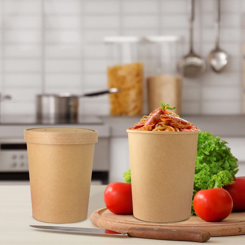 Belinlen 30 Sets 32 oz Paper Ice Cream Cups with Lids, Paper Food Containers With Vented Lids, To Go Hot Soup Bowls For Restaurants, Take Outs, or To-Go Lunch, Kraft - Image 5