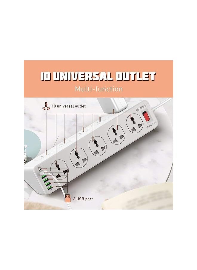 CAROSKI CAROSKI- Extension Cord with 10 Sockets & 6 USB Ports - Heavy Duty Triangular Shape Power Extension With 1 Year Warrenty, 4 USB-A Ports, 2 Charging Cables, Power Strip with 2m extension Cable,  - Image 3