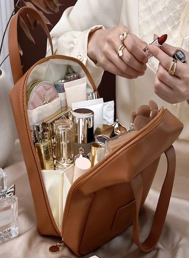 SHREESHANN Travel Toiletries Bag Waterproof Cosmetic Makeup Wash Bags PVC Portable Elastic Mini Makeup Pouch Bag Coin Purse, Soft Elastic Storage Pouch for Women and Girls (Brown, Medium) - Image 3