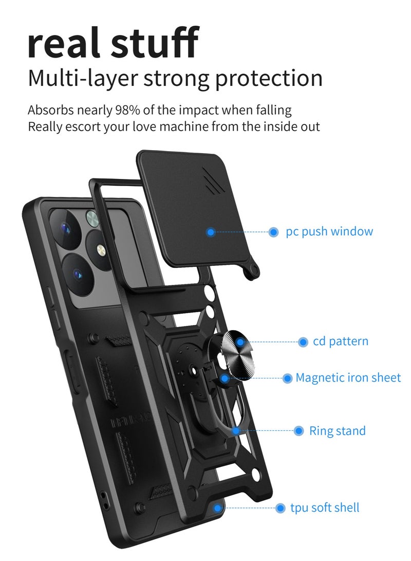 Case Cover for realme C61 4G/ C63 4G, Slide Camera Lens Cover + 360°Rotating Kickstand Ring + Support Magnetic Car Mount Shockproof Mobile Phone Cover for realme C61 4G/ C63 4G, Black - Image 5