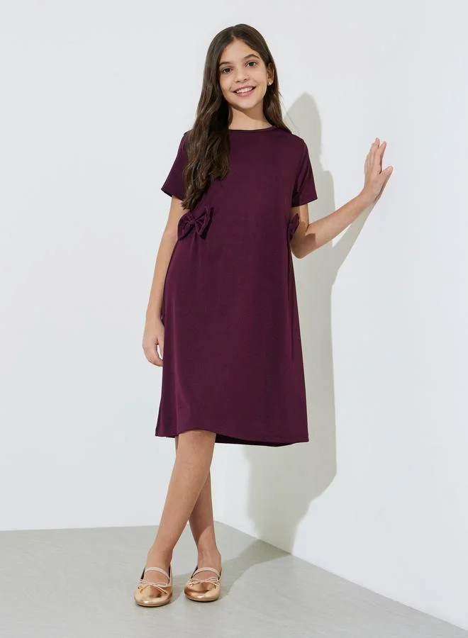 Styli Teen Girls Brown Solid Bow Details A-Line Knee Length Dress