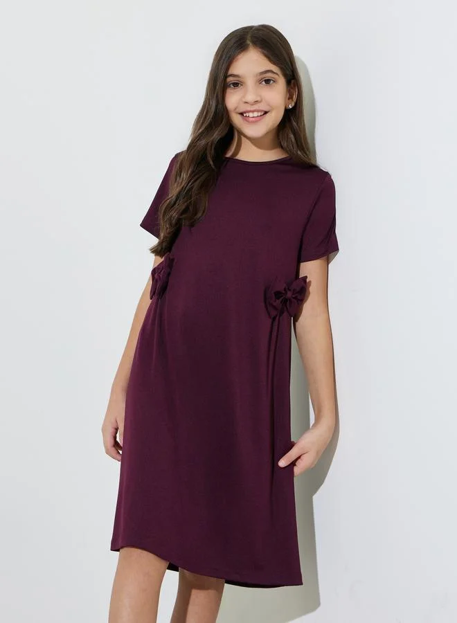 Styli Teen Girls Brown Solid Bow Details A-Line Knee Length Dress
