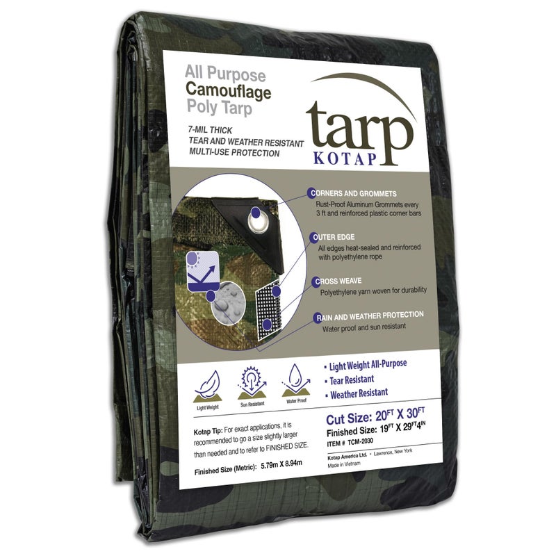 Kotap 20 x 30 Ft AllPurpose MultiUse 7mil Poly Tarp Camouflage MultiUse Waterproof GreenBlack TCM2030