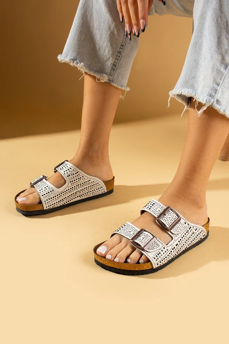 Pembe Potin Pink Potin Double Buckle Stone Detailed Anatomical Sole Women's Slippers 51-600-24