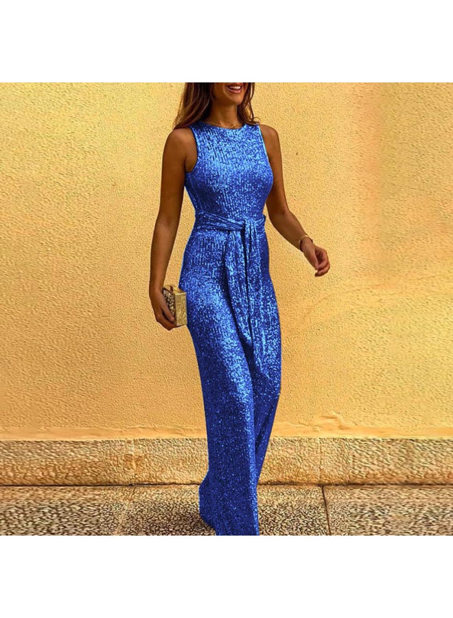 European And American Crew Neck Sleeveless Sequin Silver Point Jumpsuit Women's Clothing