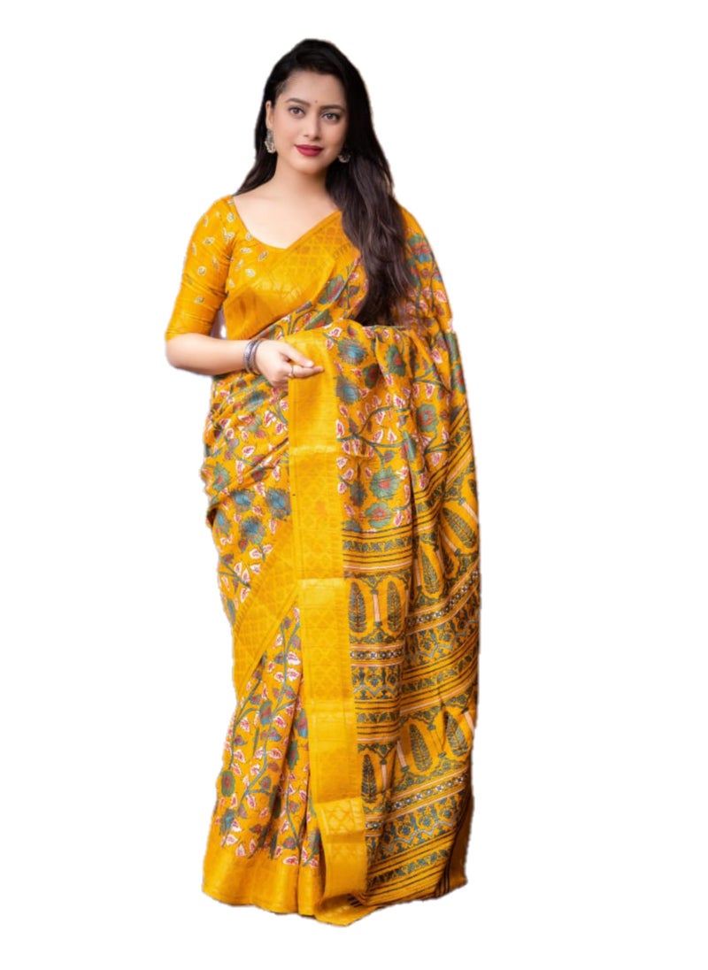Grab Mantra - Handloom Soft Slub Silk Kalamkari Printed Musturd Yellow Saree With Unstitched Blouse - Image 1