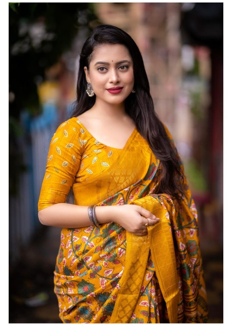 Grab Mantra - Handloom Soft Slub Silk Kalamkari Printed Musturd Yellow Saree With Unstitched Blouse - Image 1