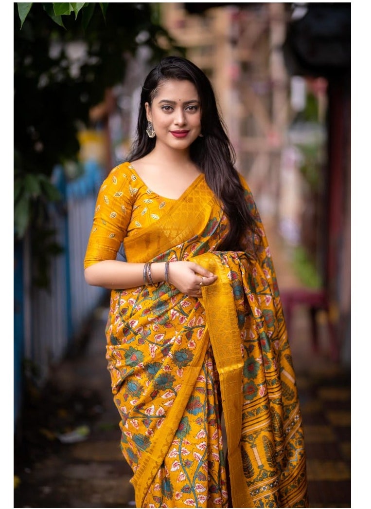 Grab Mantra - Handloom Soft Slub Silk Kalamkari Printed Musturd Yellow Saree With Unstitched Blouse - Image 1