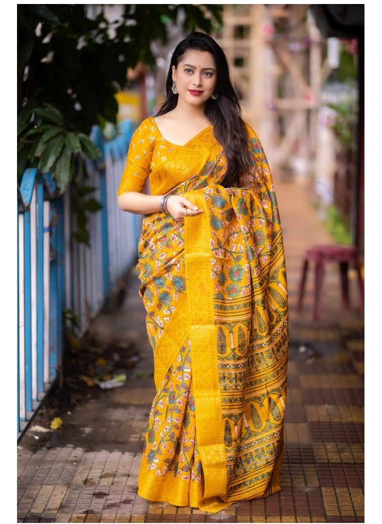 Grab Mantra - Handloom Soft Slub Silk Kalamkari Printed Musturd Yellow Saree With Unstitched Blouse - Image 1