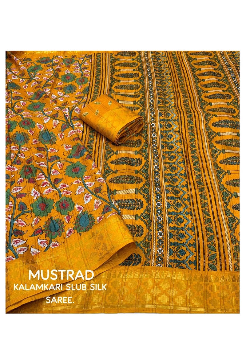 Grab Mantra - Handloom Soft Slub Silk Kalamkari Printed Musturd Yellow Saree With Unstitched Blouse - Image 1