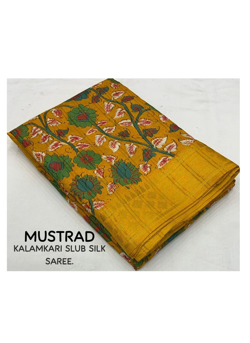 Grab Mantra - Handloom Soft Slub Silk Kalamkari Printed Musturd Yellow Saree With Unstitched Blouse - Image 1