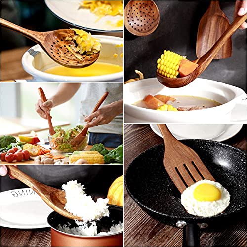 ROLIMOLI Handmade Wooden Serving Cooking Spoon Kitchen Utensil Set Natural Wood Ladle Spatula Durable Eco Friendly Cooking Tools (Set of 7) - Image 2
