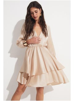 JUNE June Flounce Satin Dress Stone  - Image 1