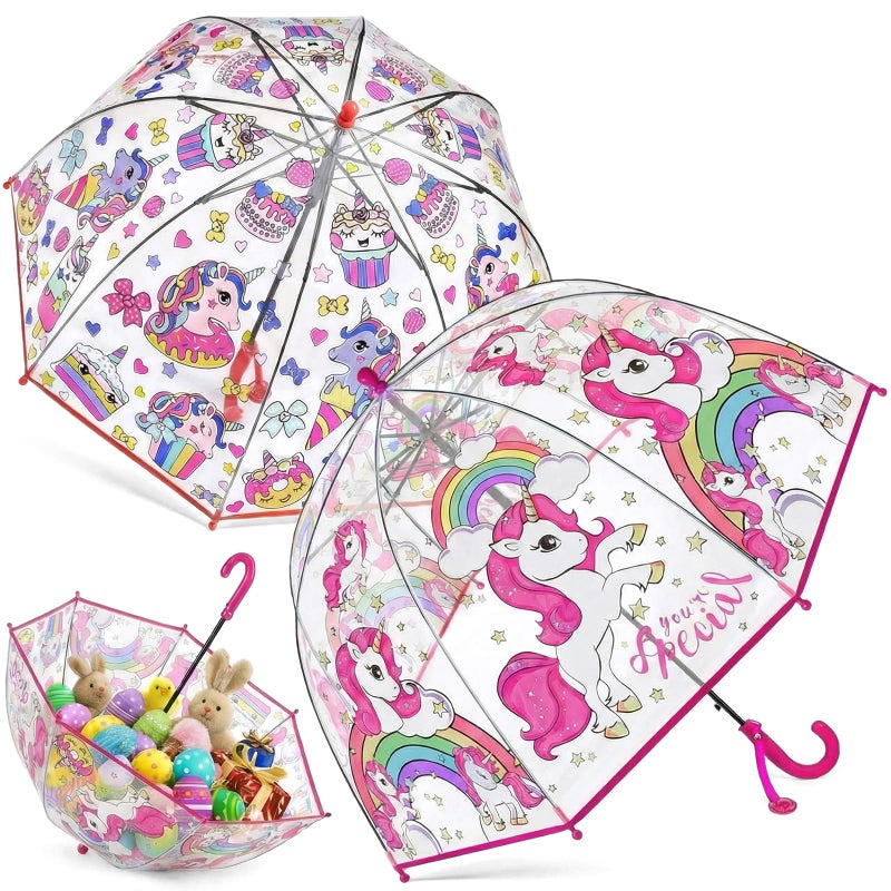 Fabbay 2 Pcs Umbrella Easter Basket Kids Clear Bubble Umbrellas Unicorn with Easy Grip Curved Handle Transparent Umbrella(Cute Unicorn) - Image 1