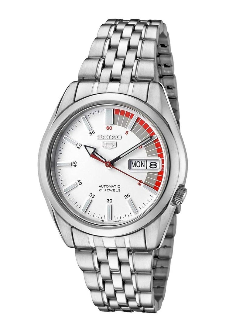 Seiko ساعة يد أوتوماتيكية للرجال SNK369K1، قرص أبيض، سوار من الفولاذ المقاوم للصدأ الفضي، عرض اليوم والتاريخ، مقاومة للماء حتى 30 متر - Image 1