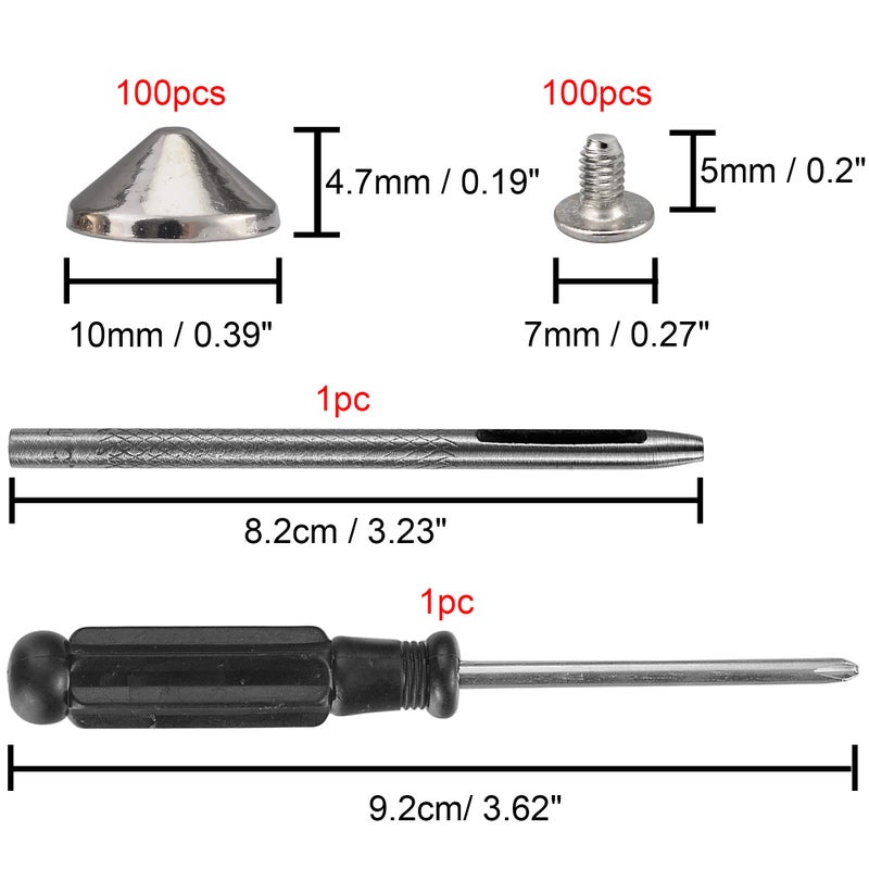 YORANYO 100 Sets Cone Spikes and Studs 4.7MM Height Silver Color 3/16" Bullet Spikes Screw Back Punk Studs and Spikes for Clothing Shoes Leather Craft Belts Bag Rivets with Installation Tools - Image 2