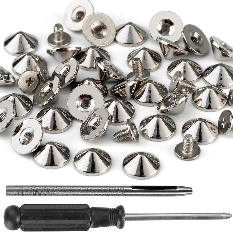 YORANYO 100 Sets Cone Spikes and Studs 4.7MM Height Silver Color 3/16" Bullet Spikes Screw Back Punk Studs and Spikes for Clothing Shoes Leather Craft Belts Bag Rivets with Installation Tools - Image 1