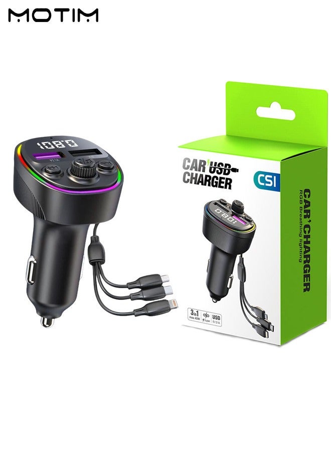 Motim Car FM Transmitter, 66W Fast Car Charger with Retractable Charging Cable, Car MP3 Bluetooth Player, 5 Ports Charger PD Type C QC Fast Charger, MP3 Player Support TF Card & USB Disk  - Image 1