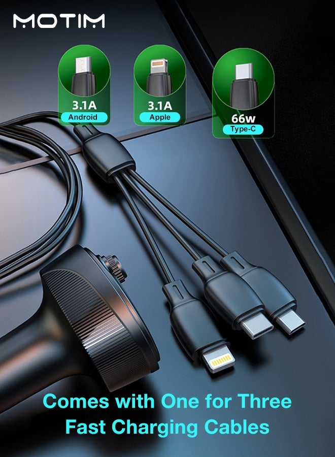 Motim Car FM Transmitter, 66W Fast Car Charger with Retractable Charging Cable, Car MP3 Bluetooth Player, 5 Ports Charger PD Type C QC Fast Charger, MP3 Player Support TF Card & USB Disk  - Image 3