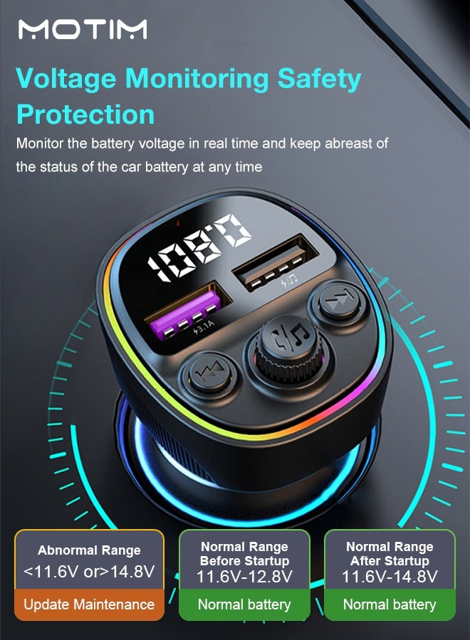 Motim Car FM Transmitter, 66W Fast Car Charger with Retractable Charging Cable, Car MP3 Bluetooth Player, 5 Ports Charger PD Type C QC Fast Charger, MP3 Player Support TF Card & USB Disk  - Image 4