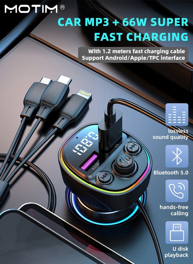 Motim Car FM Transmitter, 66W Fast Car Charger with Retractable Charging Cable, Car MP3 Bluetooth Player, 5 Ports Charger PD Type C QC Fast Charger, MP3 Player Support TF Card & USB Disk  - Image 2