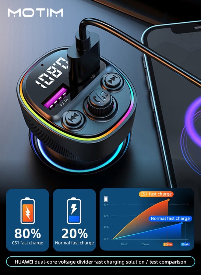 Motim Car FM Transmitter, 66W Fast Car Charger with Retractable Charging Cable, Car MP3 Bluetooth Player, 5 Ports Charger PD Type C QC Fast Charger, MP3 Player Support TF Card & USB Disk  - Image 5