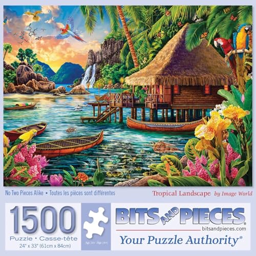 Bits and Pieces 1500 Piece Puzzles for Adults Large 24 x 33 Large Jigsaw Puzzles 1500 Pieces Tiki Hut Polynesian Lagoon Random Die Cut No 2 Pieces Alike Tropical Landscape - Image 1