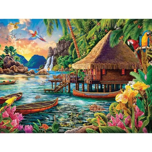 Bits and Pieces 1500 Piece Puzzles for Adults Large 24 x 33 Large Jigsaw Puzzles 1500 Pieces Tiki Hut Polynesian Lagoon Random Die Cut No 2 Pieces Alike Tropical Landscape - Image 5