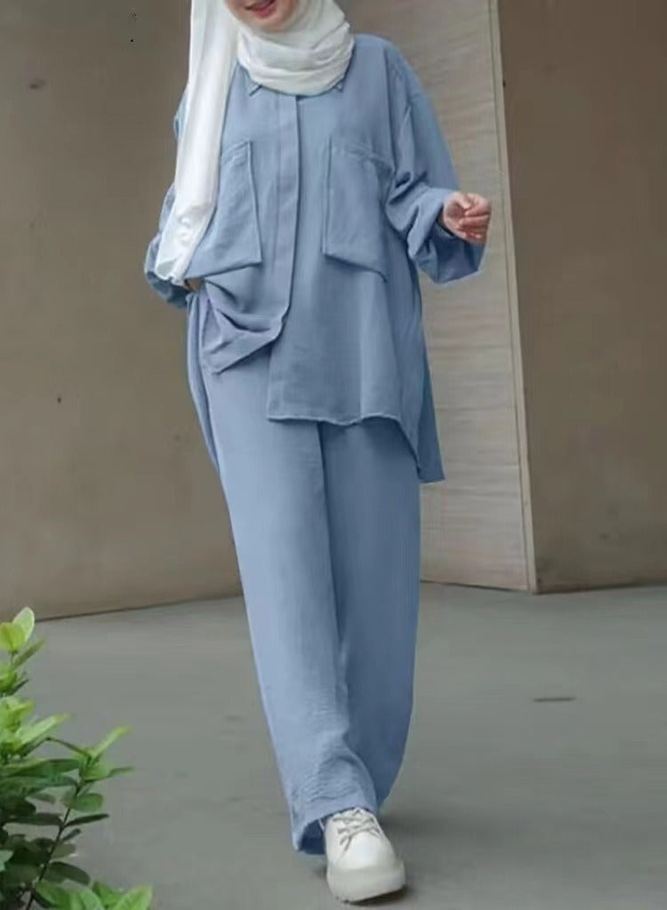 Cotton and linen women's two-piece shirt patch pack and pants blue - Image 1