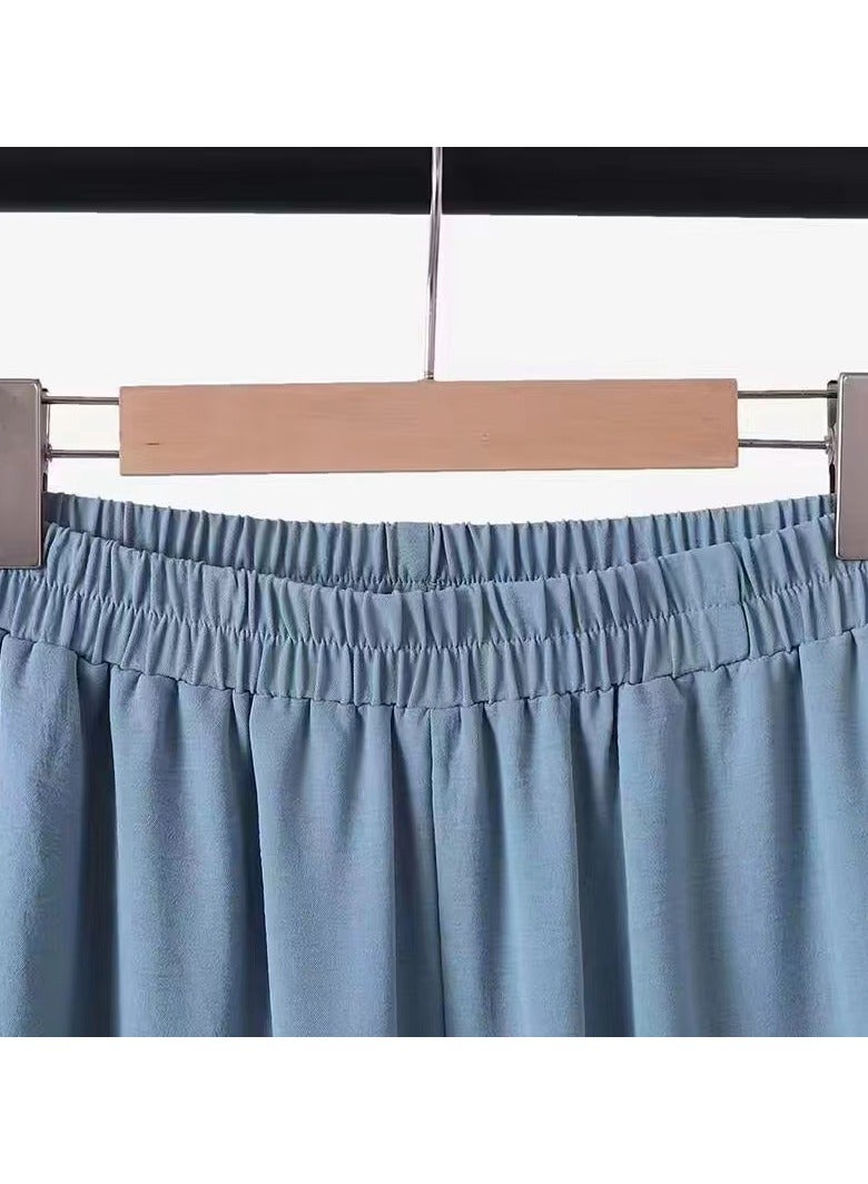 Cotton and linen women's two-piece shirt patch pack and pants blue - Image 3