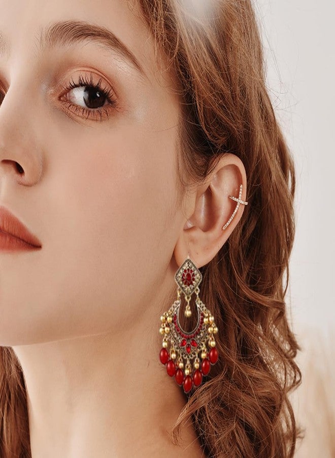 OIDIMS Bollywood Jhumka Earrings for Women Vintage Gold-Tone Plated Chandelier Drop Earring Hook Cubic Zirconia Beaded Design Dangle Tassel Statement Boho Indian Jewelry for Festival Wedding Holiday (Red) - Image 3