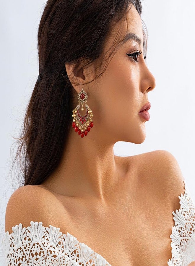 OIDIMS Bollywood Jhumka Earrings for Women Vintage Gold-Tone Plated Chandelier Drop Earring Hook Cubic Zirconia Beaded Design Dangle Tassel Statement Boho Indian Jewelry for Festival Wedding Holiday (Red) - Image 2