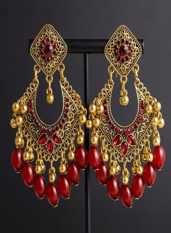 OIDIMS Bollywood Jhumka Earrings for Women Vintage Gold-Tone Plated Chandelier Drop Earring Hook Cubic Zirconia Beaded Design Dangle Tassel Statement Boho Indian Jewelry for Festival Wedding Holiday (Red) - Image 4