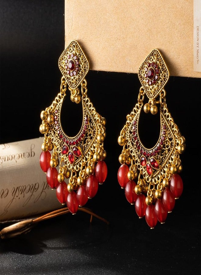 OIDIMS Bollywood Jhumka Earrings for Women Vintage Gold-Tone Plated Chandelier Drop Earring Hook Cubic Zirconia Beaded Design Dangle Tassel Statement Boho Indian Jewelry for Festival Wedding Holiday (Red) - Image 5