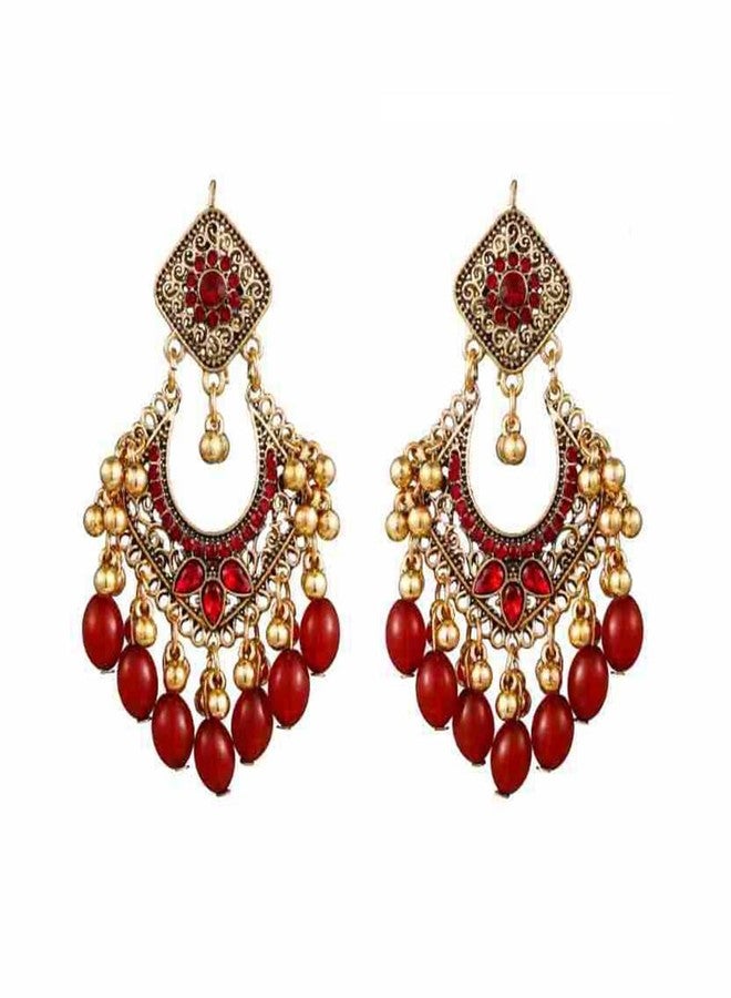 OIDIMS Bollywood Jhumka Earrings for Women Vintage Gold-Tone Plated Chandelier Drop Earring Hook Cubic Zirconia Beaded Design Dangle Tassel Statement Boho Indian Jewelry for Festival Wedding Holiday (Red) - Image 1