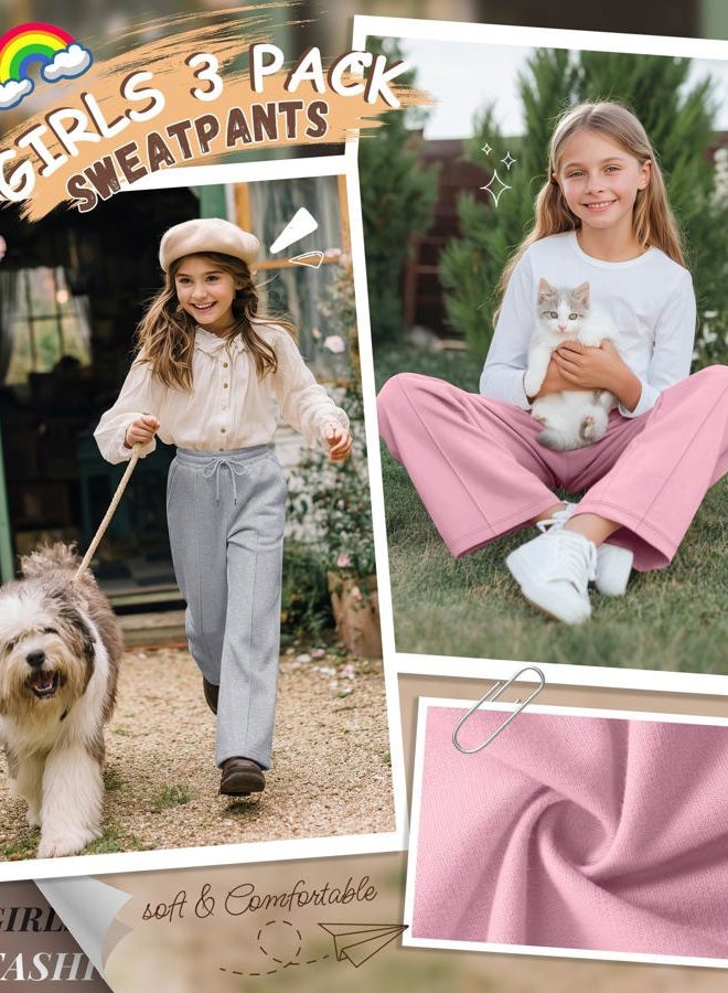 LessonZoo 3 Pack Girls Wide Leg Sweatpants Drawstring Baggy Pants Teen Girls Athletic Joggers Pants with Pockets 5-14Y, Pink, Light Heather Gray, Black, 13-14 Years - Image 2