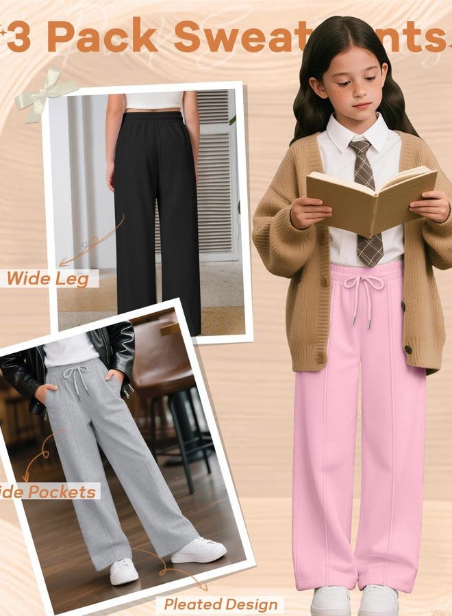 LessonZoo 3 Pack Girls Wide Leg Sweatpants Drawstring Baggy Pants Teen Girls Athletic Joggers Pants with Pockets 5-14Y, Pink, Light Heather Gray, Black, 13-14 Years - Image 5