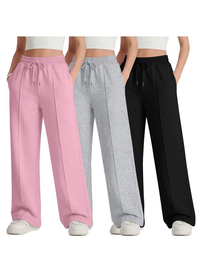 LessonZoo 3 Pack Girls Wide Leg Sweatpants Drawstring Baggy Pants Teen Girls Athletic Joggers Pants with Pockets 5-14Y, Pink, Light Heather Gray, Black, 13-14 Years - Image 1