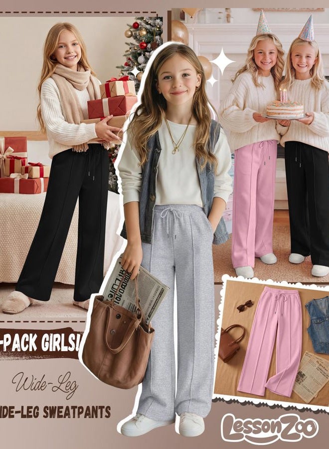 LessonZoo 3 Pack Girls Wide Leg Sweatpants Drawstring Baggy Pants Teen Girls Athletic Joggers Pants with Pockets 5-14Y, Pink, Light Heather Gray, Black, 13-14 Years - Image 3