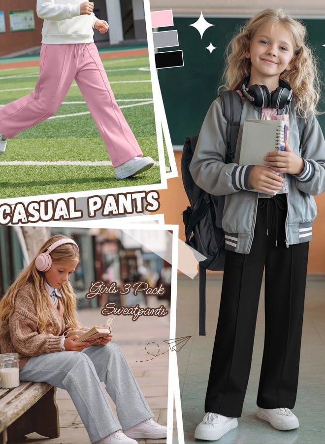 LessonZoo 3 Pack Girls Wide Leg Sweatpants Drawstring Baggy Pants Teen Girls Athletic Joggers Pants with Pockets 5-14Y, Pink, Light Heather Gray, Black, 13-14 Years - Image 4