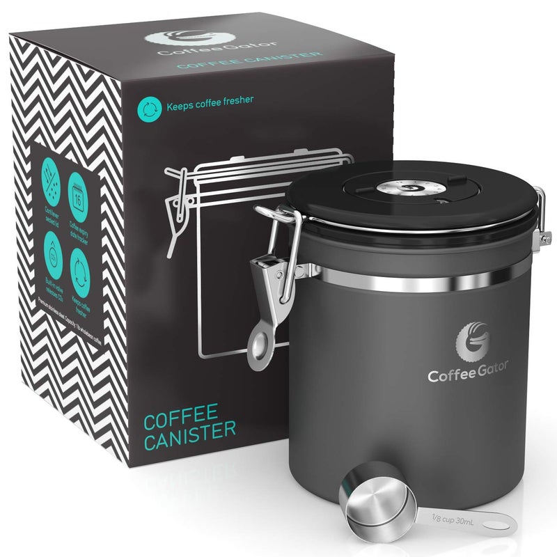 Coffee Gator Coffee Canister  Stainless Steel Airtight Coffee Containers for Grounds and Beans Storage with Date-Tracker  CO2 Valve & Measuring Scoop - Medium  16oz  Gray - Image 1