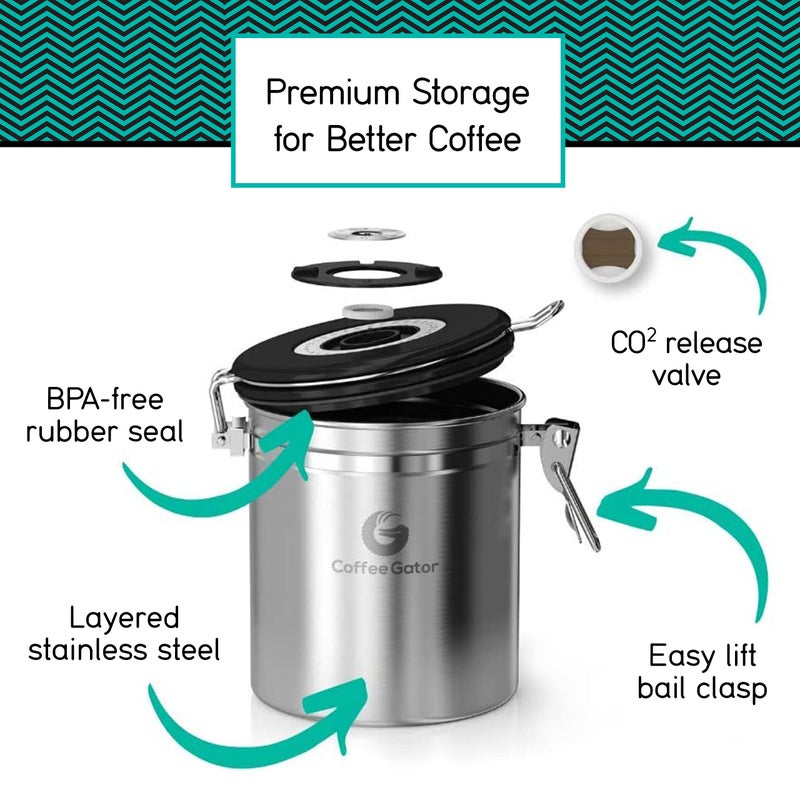 Coffee Gator Coffee Canister  Stainless Steel Airtight Coffee Containers for Grounds and Beans Storage with Date-Tracker  CO2 Valve & Measuring Scoop - Medium  16oz  Gray - Image 4