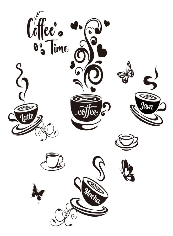SUPERDANT 10Pcs Coffee Time Wall Sticker Mocha Latte Java Butterfly Wall Decor Black Peel and Stick Vinyl Art Decals Kitchen Stickers for Home Coffee Corner Cafe Bar Decoration 19.6x11.8in - Image 1