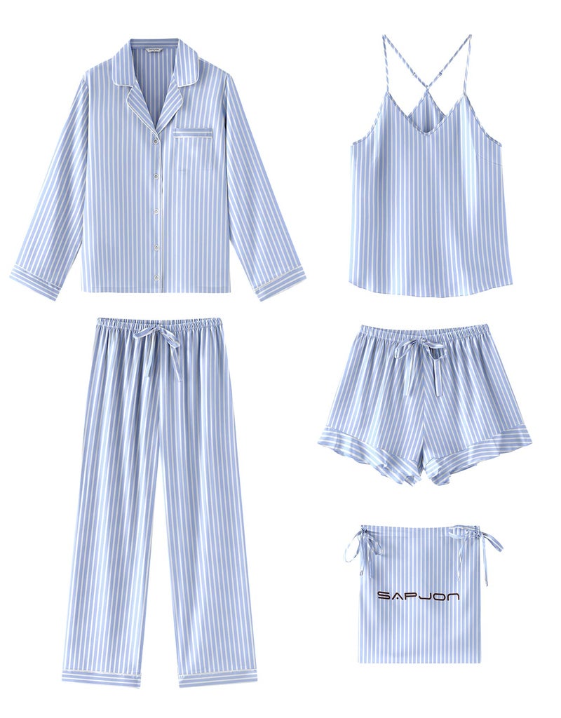 SAPJON Satin Silk Pajamas for Women Set 5PCS Classic Button Down Pajamas Top and Pants Cami and Ruffle Shorts Sleepwear Blue Stripe - Image 1